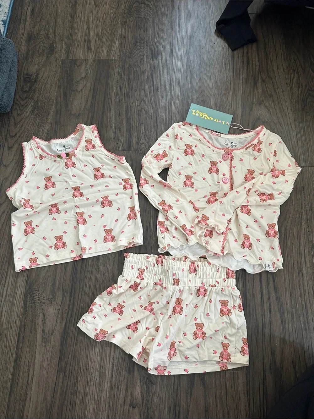 3-Piece Kids Pajama Set with Pink Bear Print - Tank, Long-Sleeve Top & Shorts